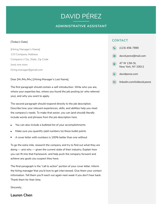 The Corporate cover letter template in green, with a large full color header and gray sidebar for an extra large contact information section.