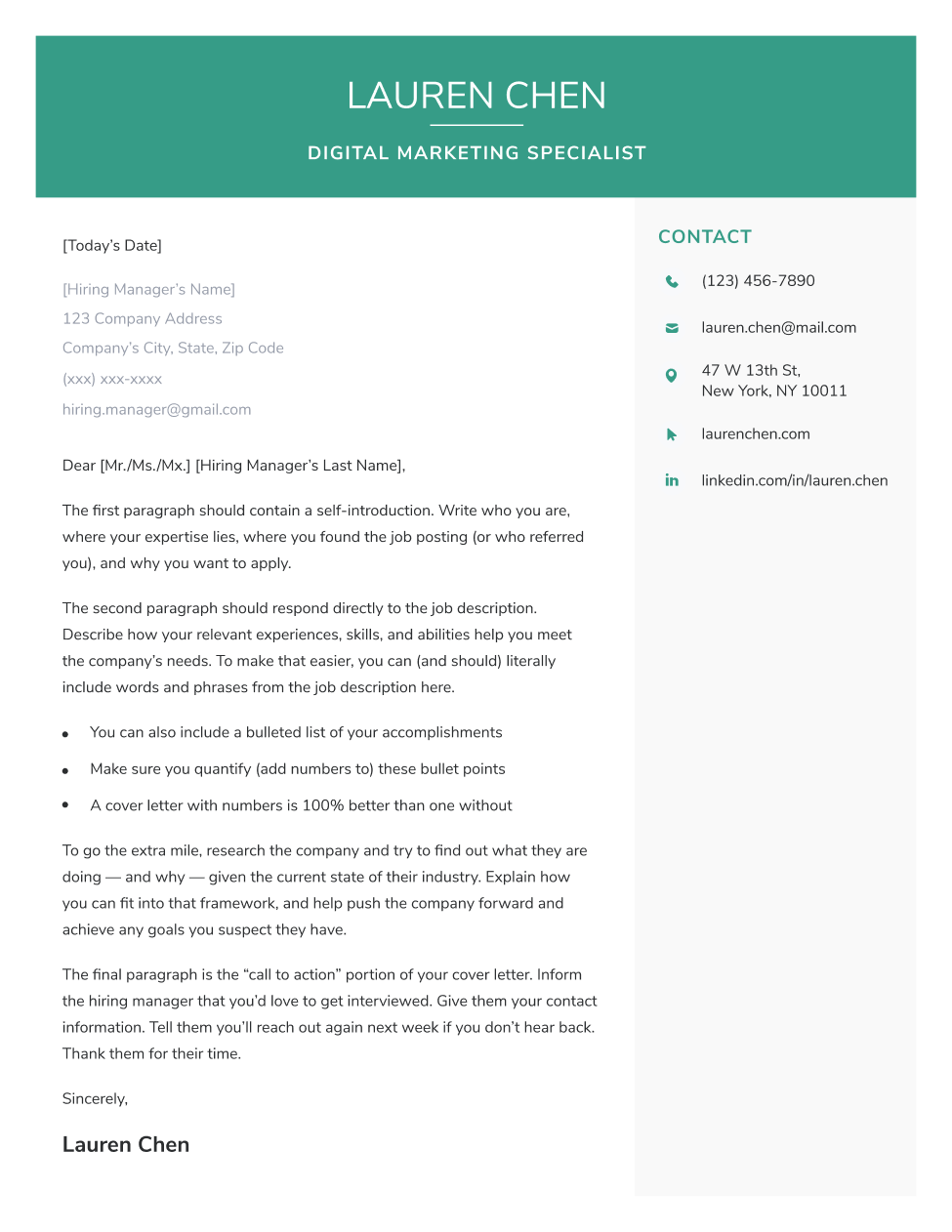 Corporate cover letter template in green, featuring a modern gray sidebar for your contact information.