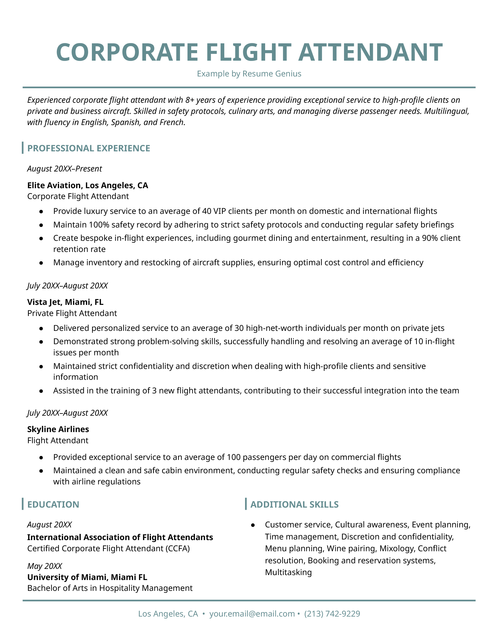 An example resume for a corporate flight attendant. 