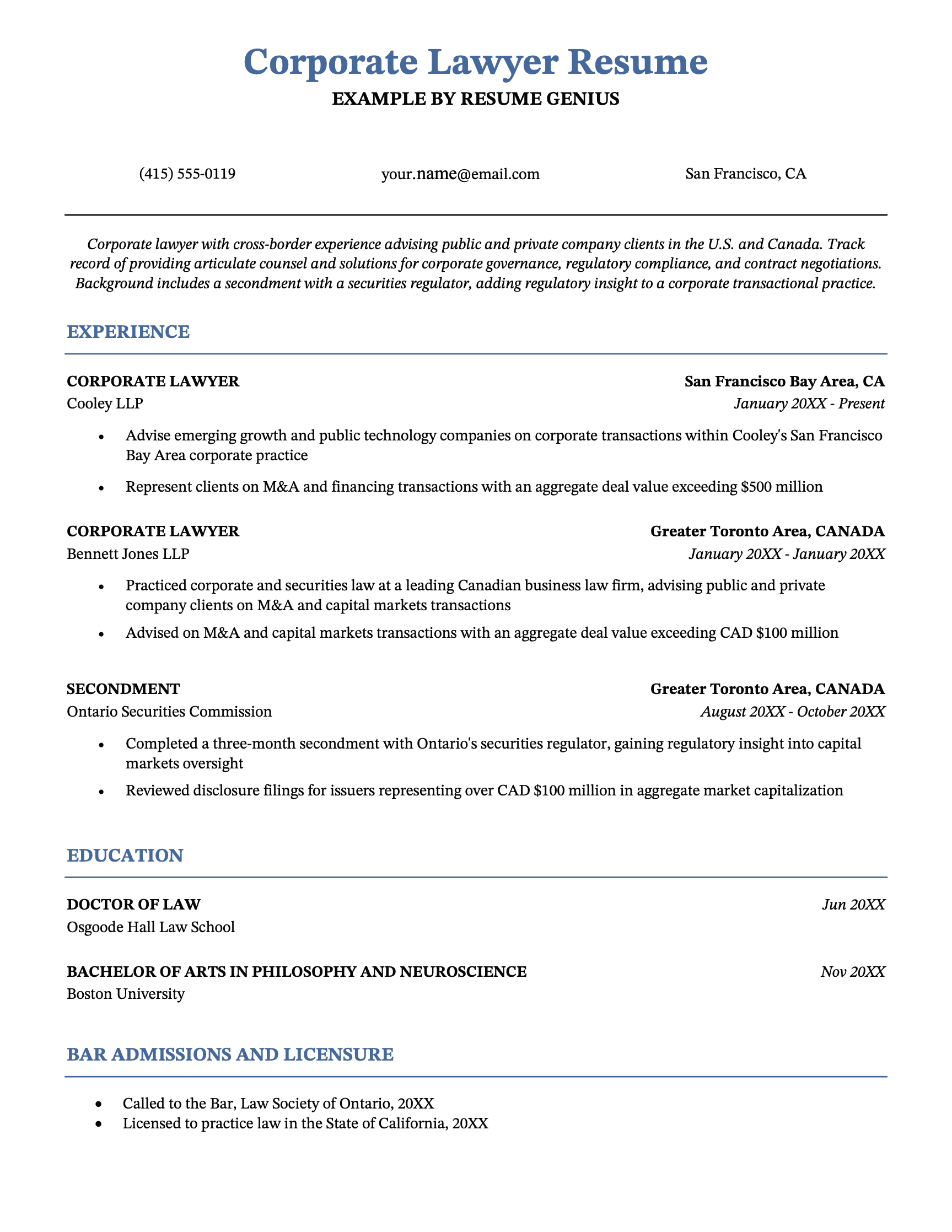 A corporate lawyer resume sample