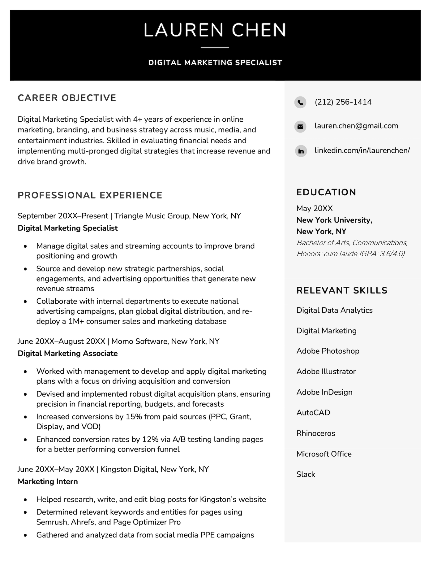 Image of the Corporate resume template to download as a resume PDF.