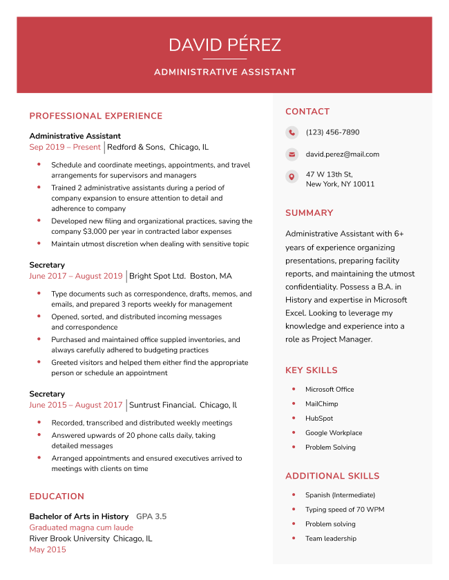 The Corporate resume template in red, with a bold full-color header and minimalist sidebar.
