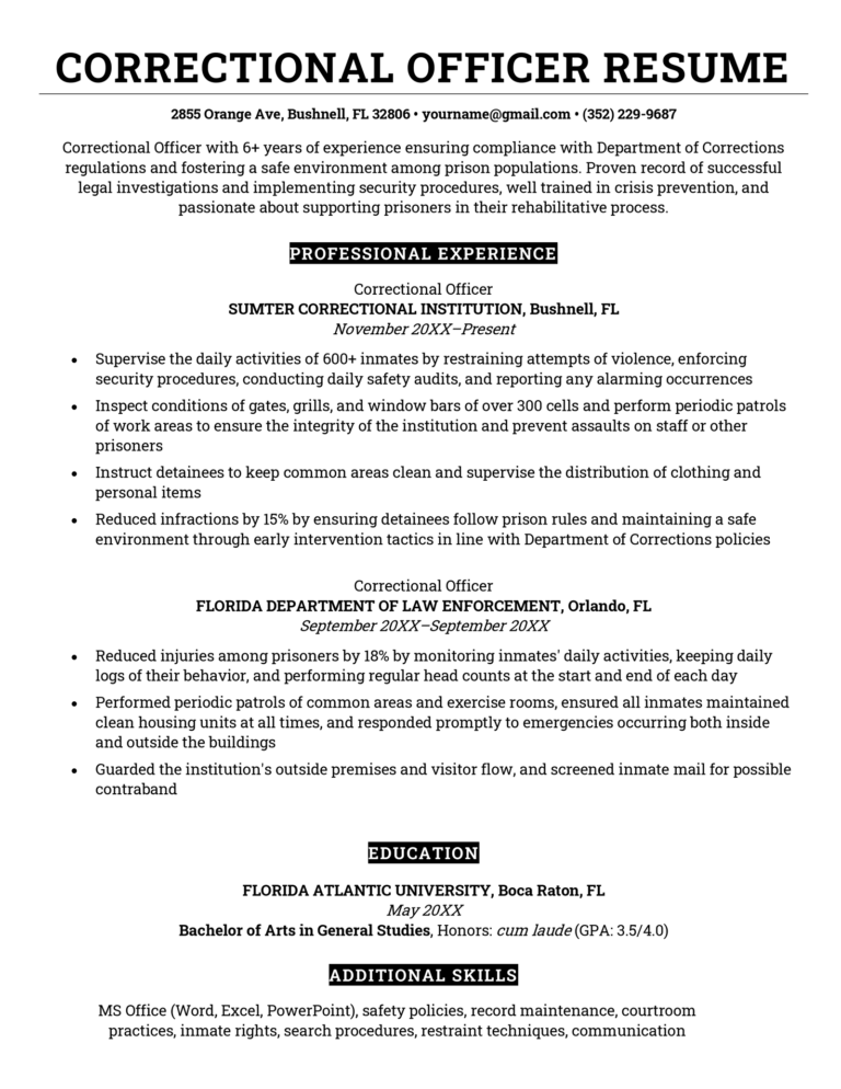 summary for correctional officer on resume