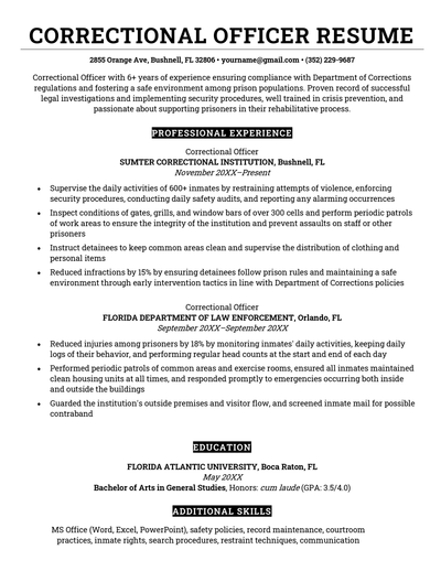 A correctional officer resume sample with bold black text for the applicant's name and sections for the applicant's resume summary, professional experience, education, and additional skills