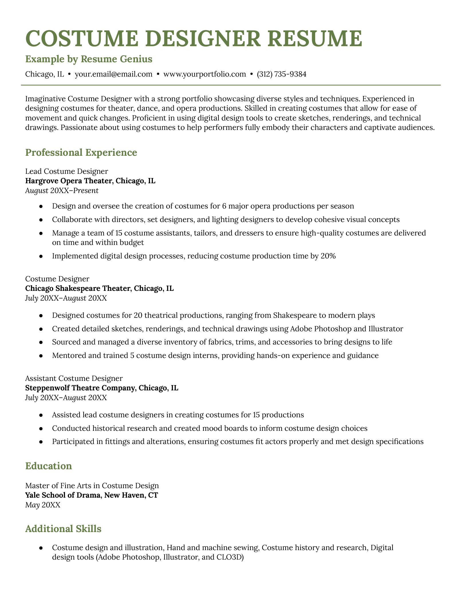 An example of a costume designer resume.
