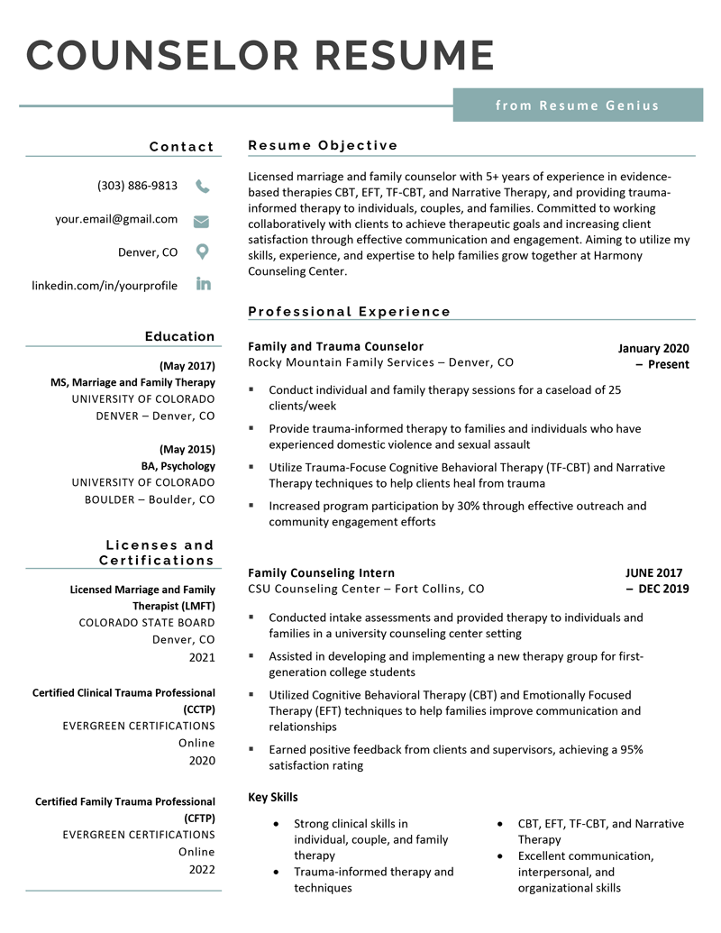 Example of a counselor resume featuring two columns that effectively organize a candidate's resume sections.