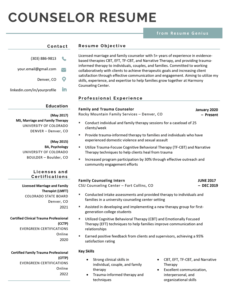 Counselor Resume Example 1 