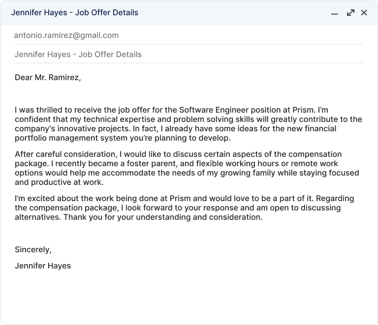 A counter offer letter in which the job applicant is requesting flexible work arrangements.