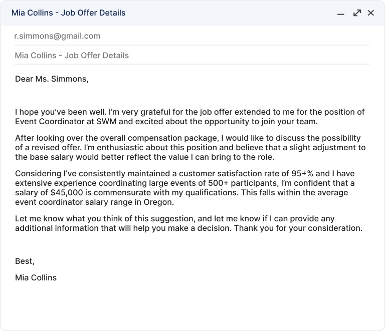 A counter offer letter in which the job applicant is requesting a higher salary.