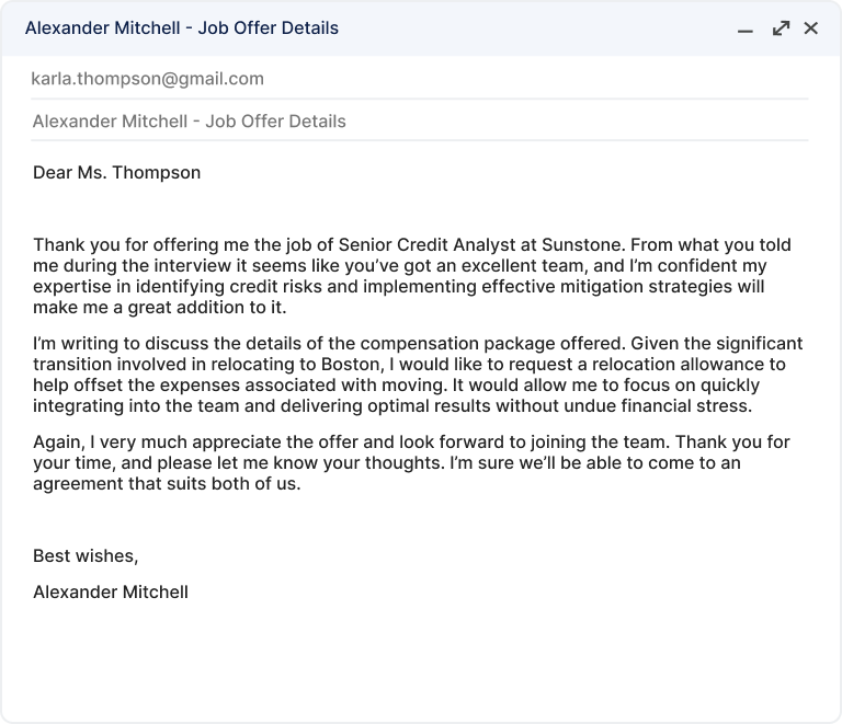 A counter offer letter in which the job applicant is requesting a relocation allowance.