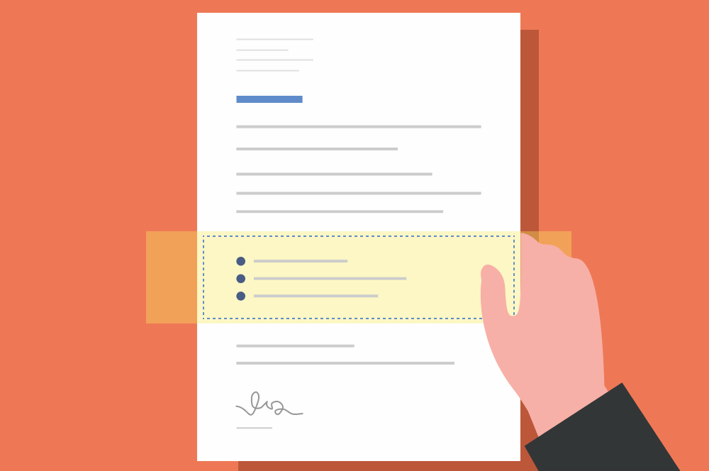 Someone's hand holding a cover letter and highlighting the over letter bullet points