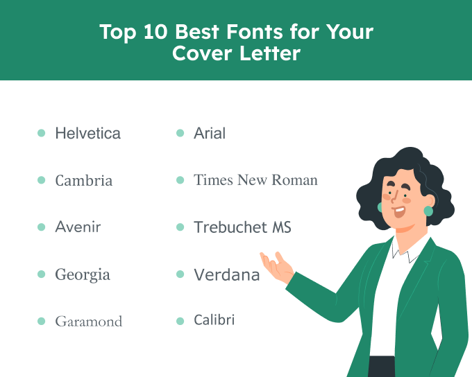 A graphic of a woman pointing to cover letter fonts