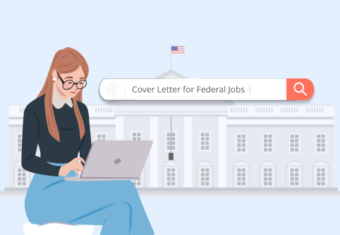 A woman applying to a federal job by typing on a laptop with the US White House building in the background