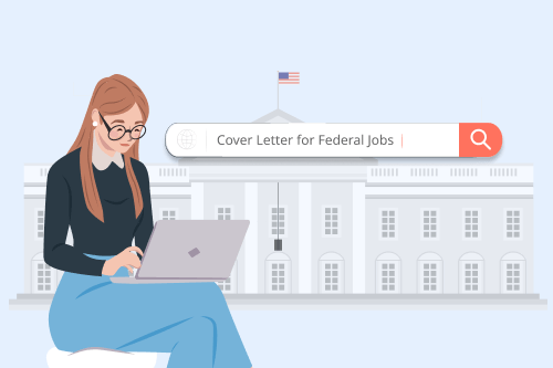 A woman applying to a federal job by typing on a laptop with the US White House building in the background