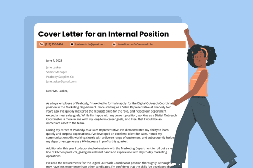 Graphic showing a job seeker showing off a cover letter for an internal position.