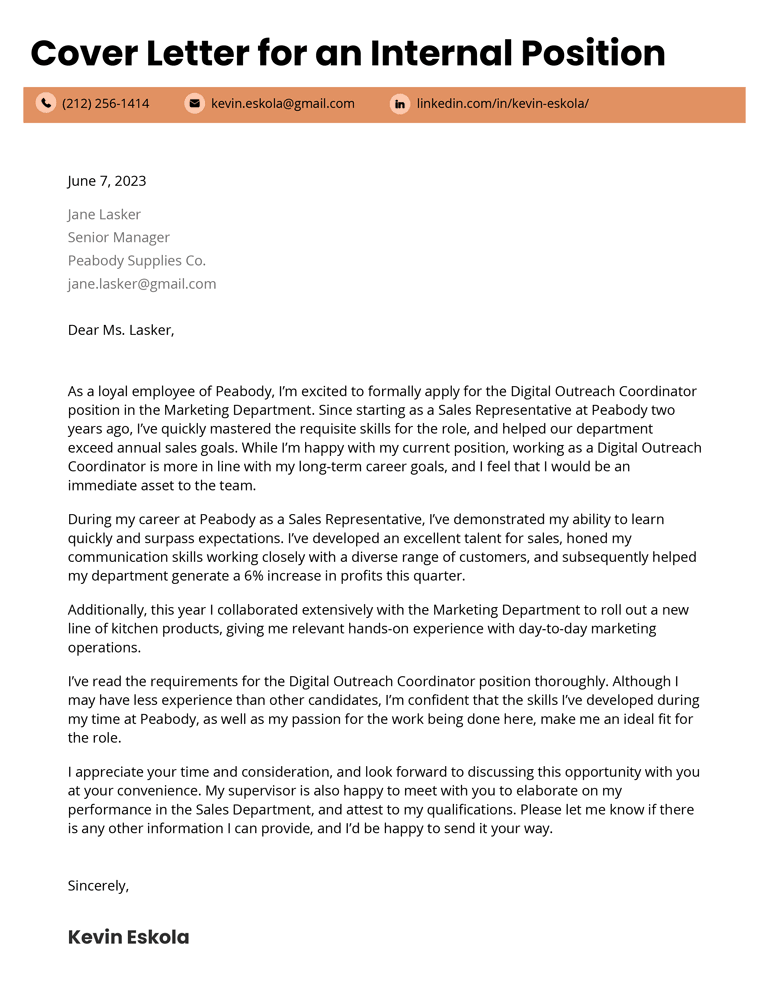Sample cover letter for an internal position using a cover letter template with a bold orange bar at the top to highlight a candidate's contact information. 