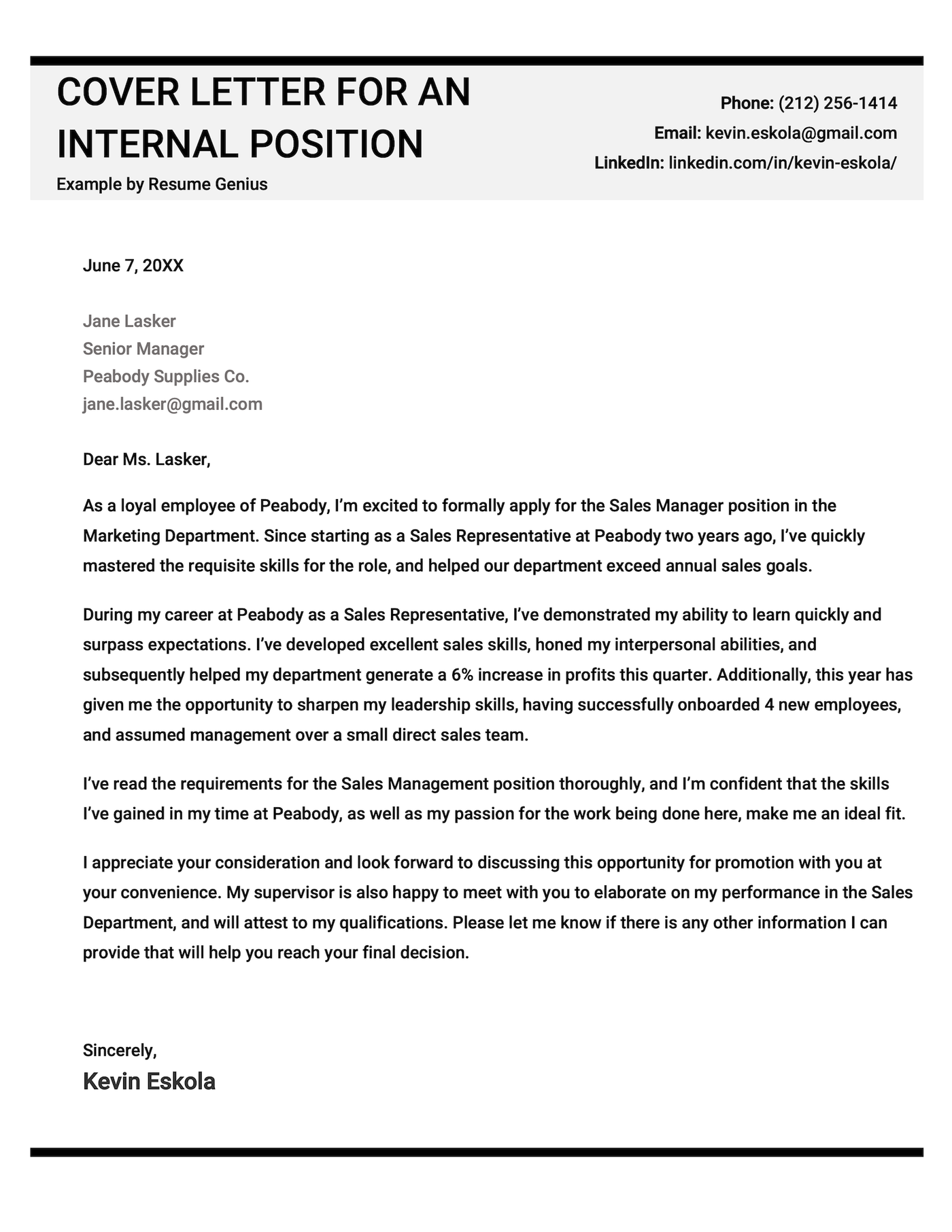 An example cover letter for an internal position.