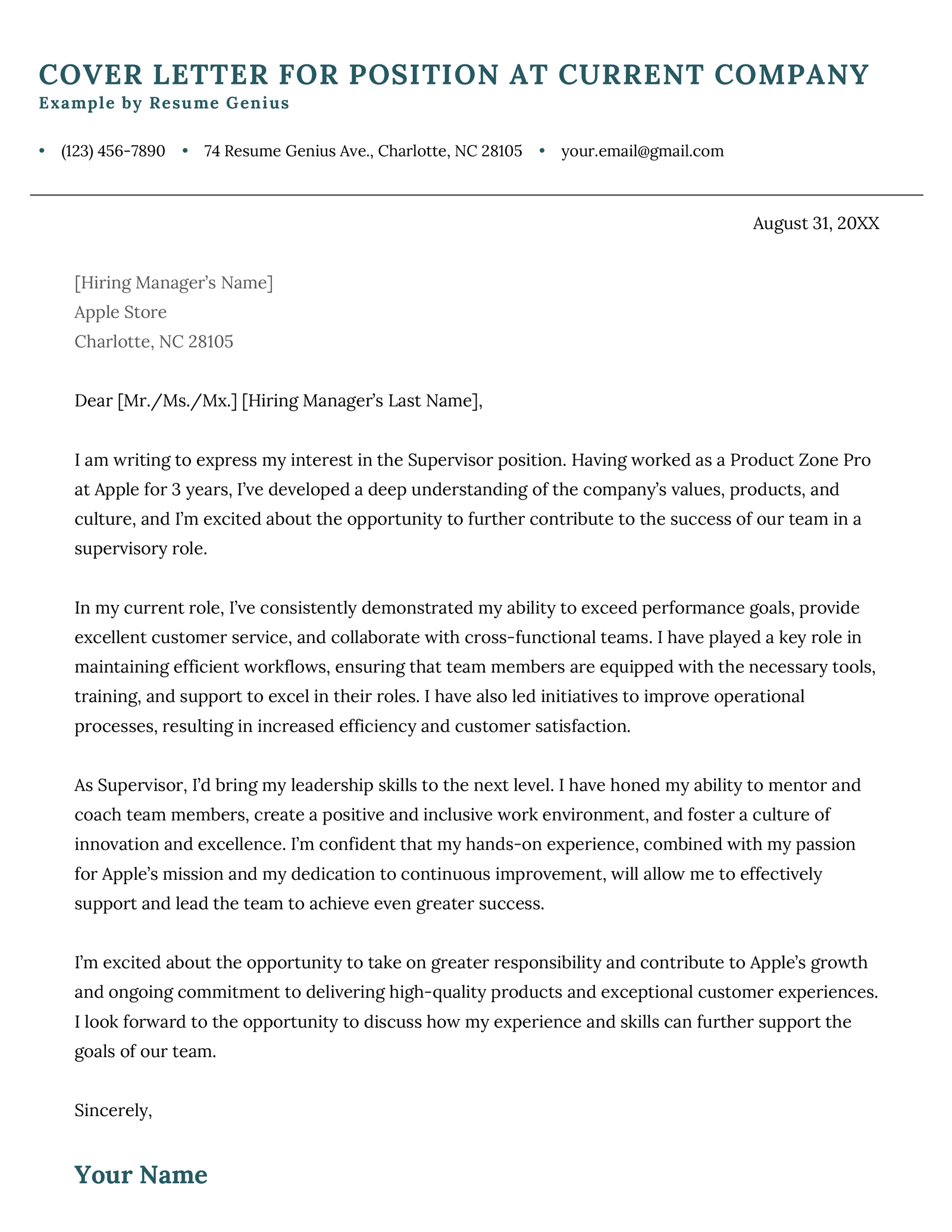 A cover letter for a position at one