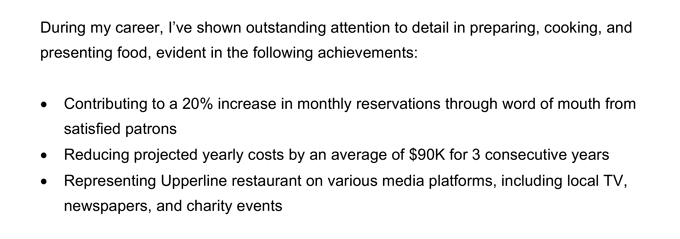 Example of quantified bullet points in cover letter format.