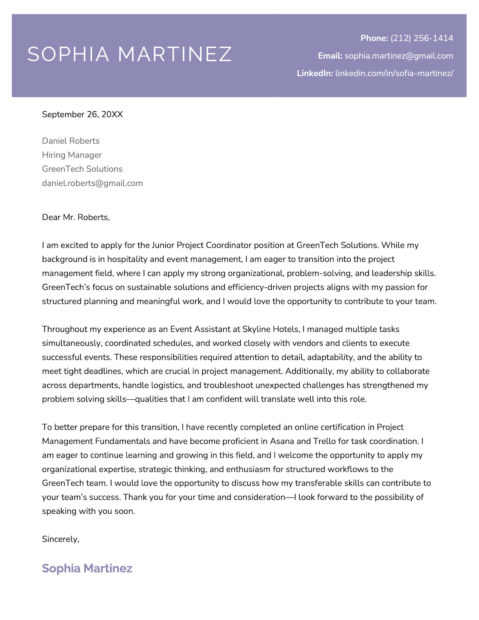 A cover letter example for a candidate with no experience in the field they