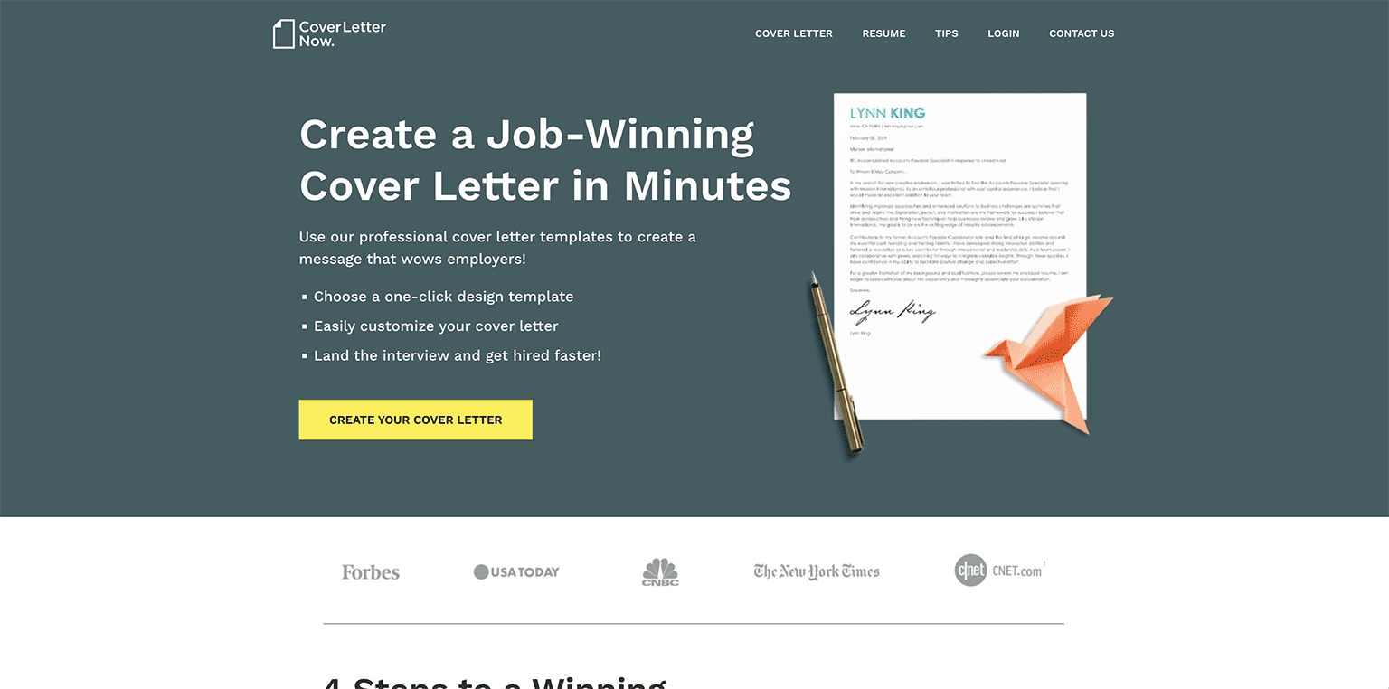 A screenshot of the Cover Letter Now builder landing page