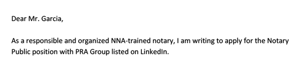 A screenshot showing the opening lines of a cover letter for a notary public position