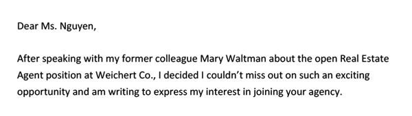 A screenshot showing the opening lines of a cover letter for a real estate agent position