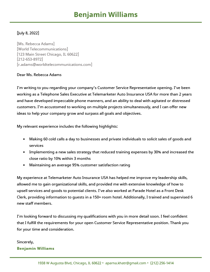 An example of a cover letter for a customer service representative.