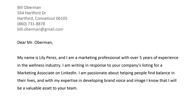 Example of proper spacing around the cover letter salutation.