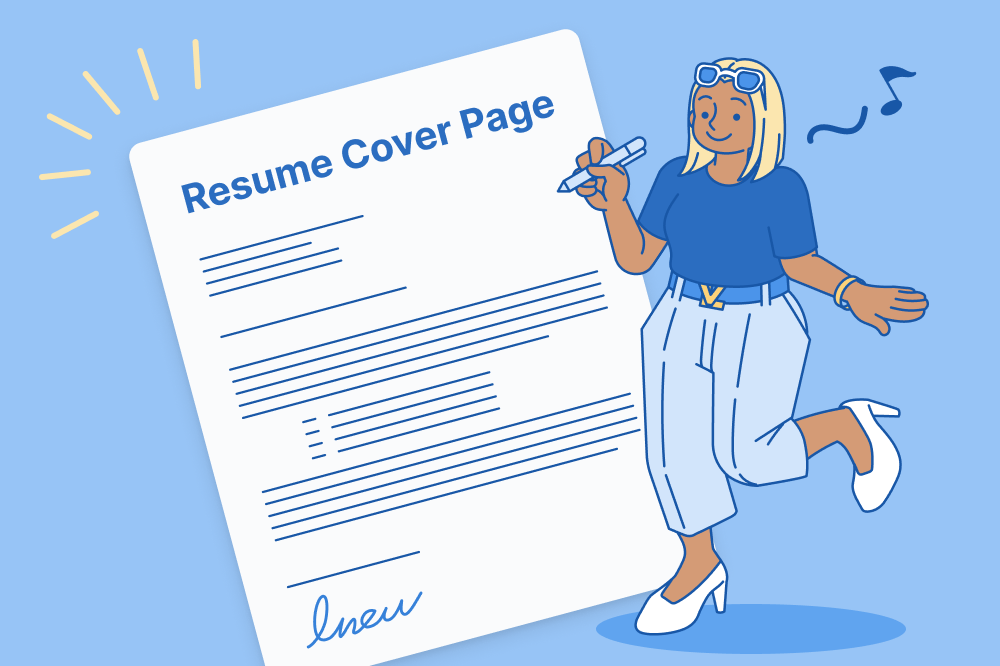 A cartoon resume cover page on a giant clipboard