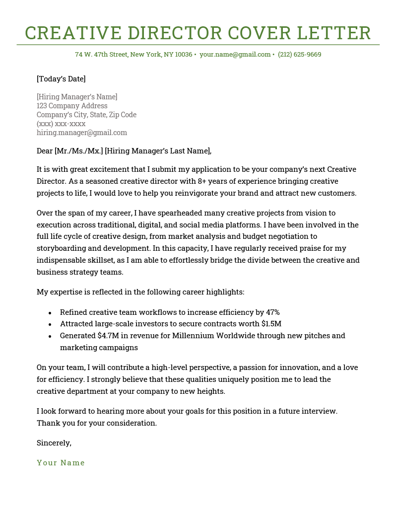 A creative director cover letter sample with green header text and a few paragraphs and a bulleted list describing the applicant's achievements