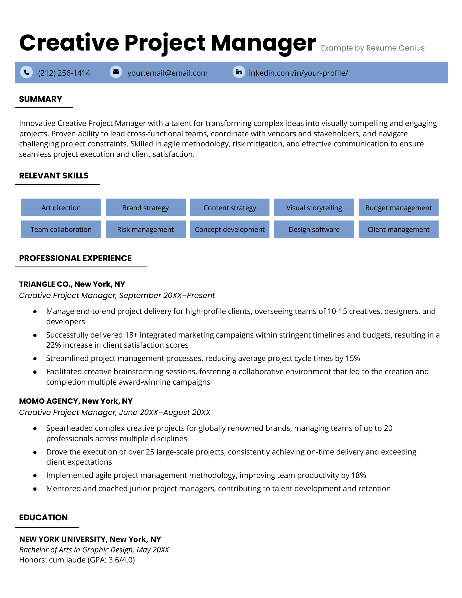 An example resume for a creative project manager.