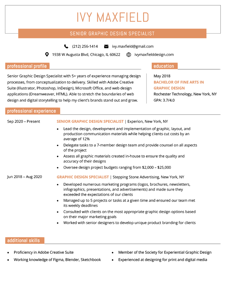 An example of a creative resume layout with orange accents in the section headers