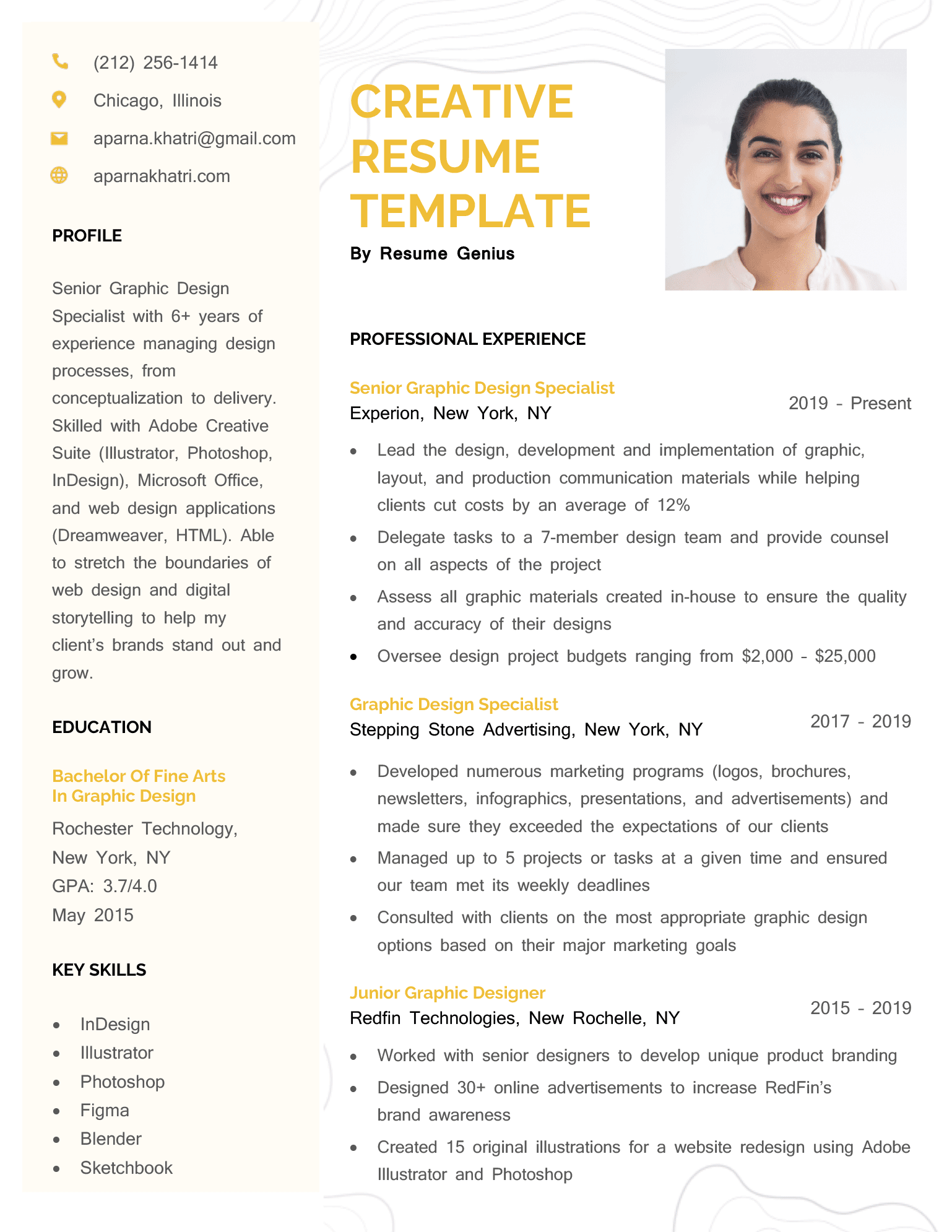 Creative resume template with space for a professional headshot and a unique background design.