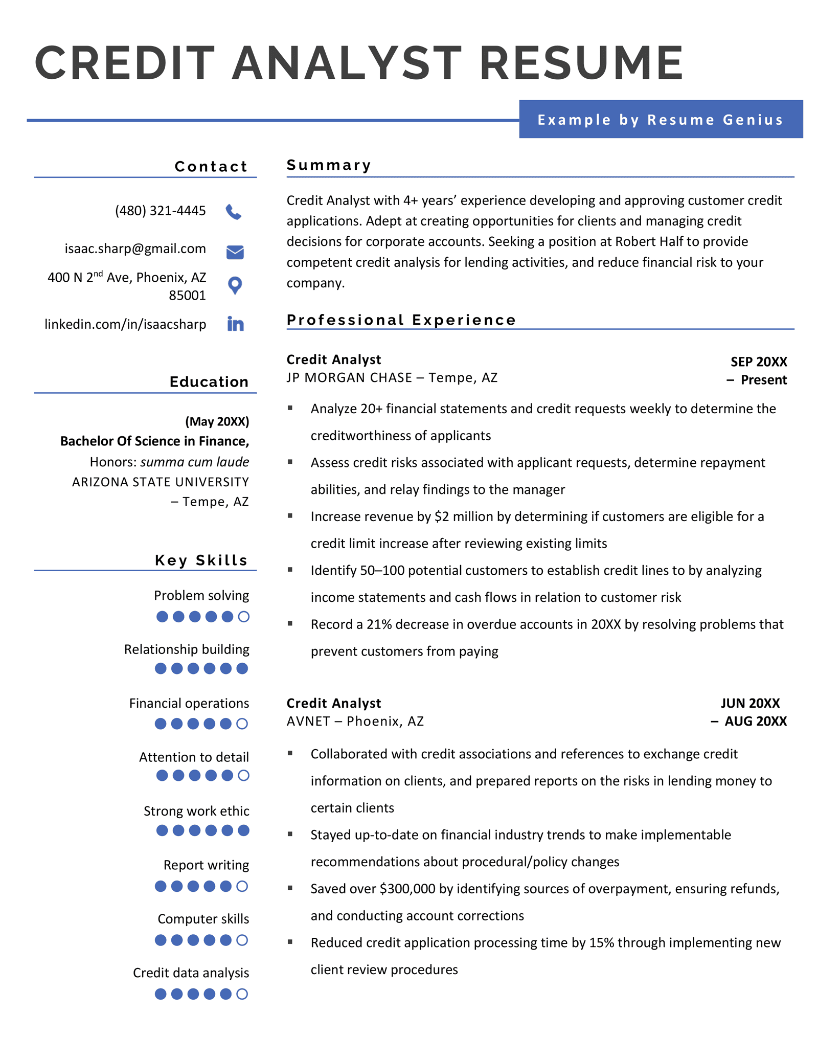A credit analyst resume example using a blue color scheme and a skills section using a six point rating scale