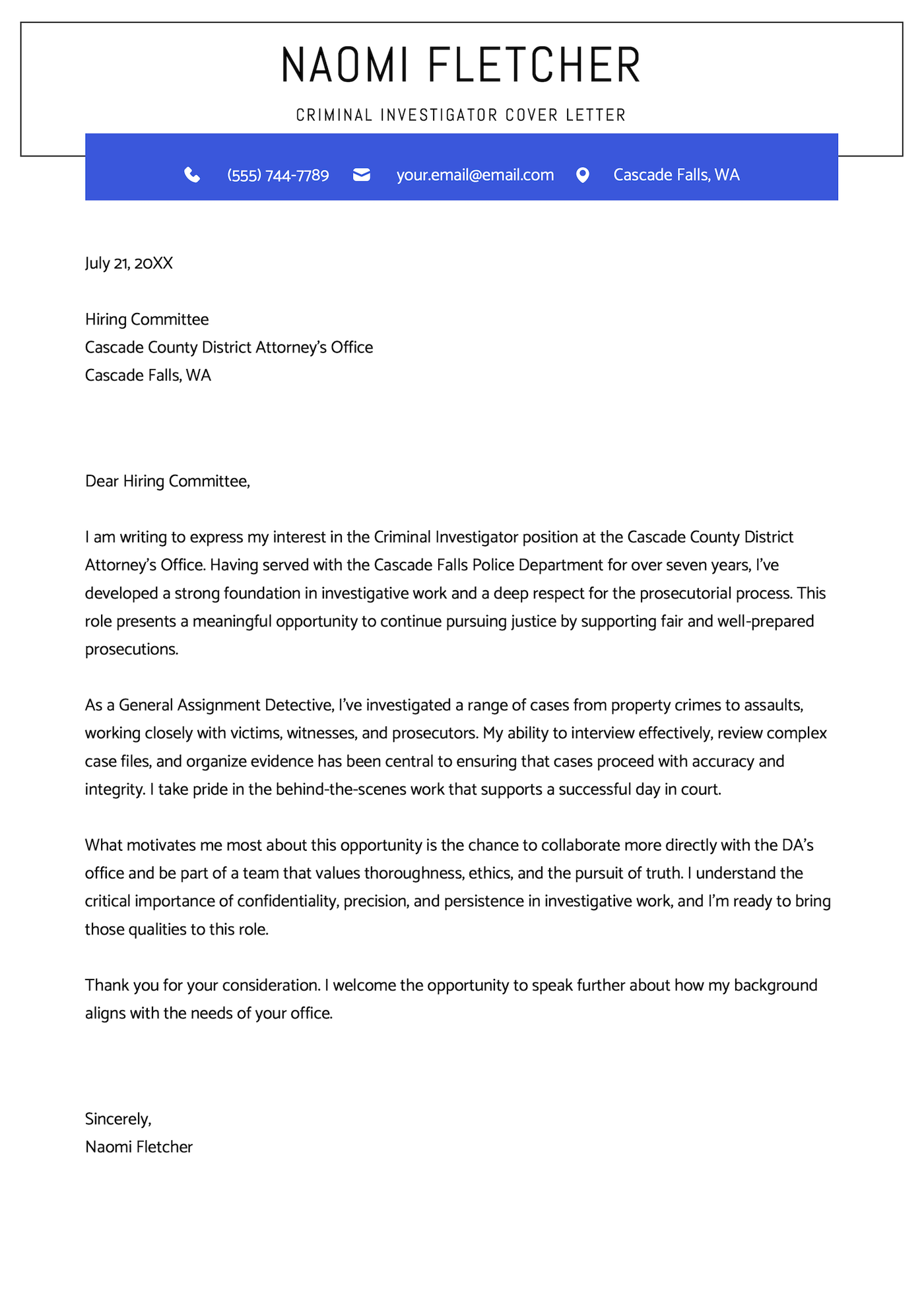 A criminal investigator cover letter example.