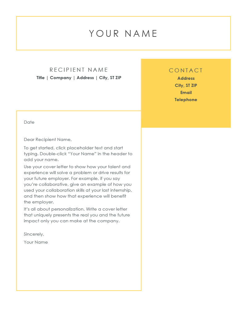 The Crisp and Clean cover letter template from Microsoft Word featuring yellow geometric sections