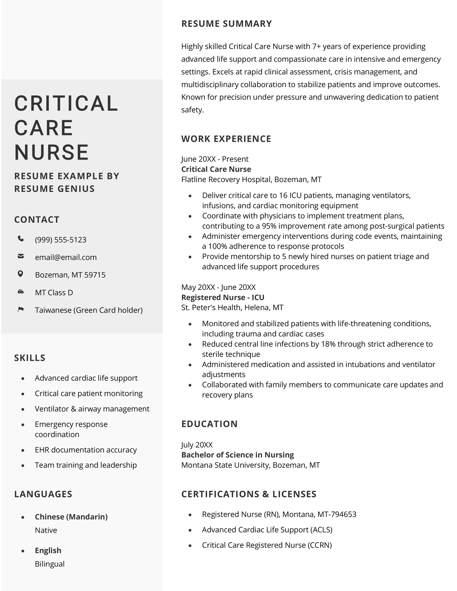 A critical care nurse resume example.