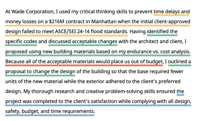 A cover letter paragraph expanding on critical thinking skills including the problem, specific skills used, complications, and result