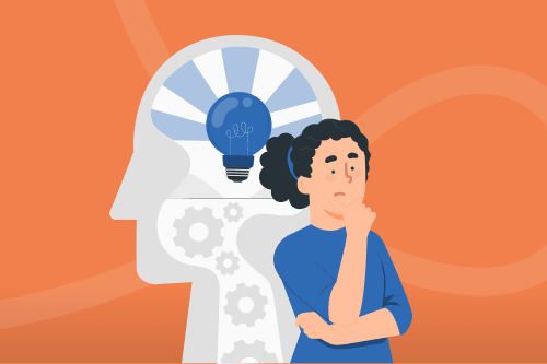 Image of a woman thinking surrounded by icons representing critical thinking skills like research, communication, analysis, and reasoning
