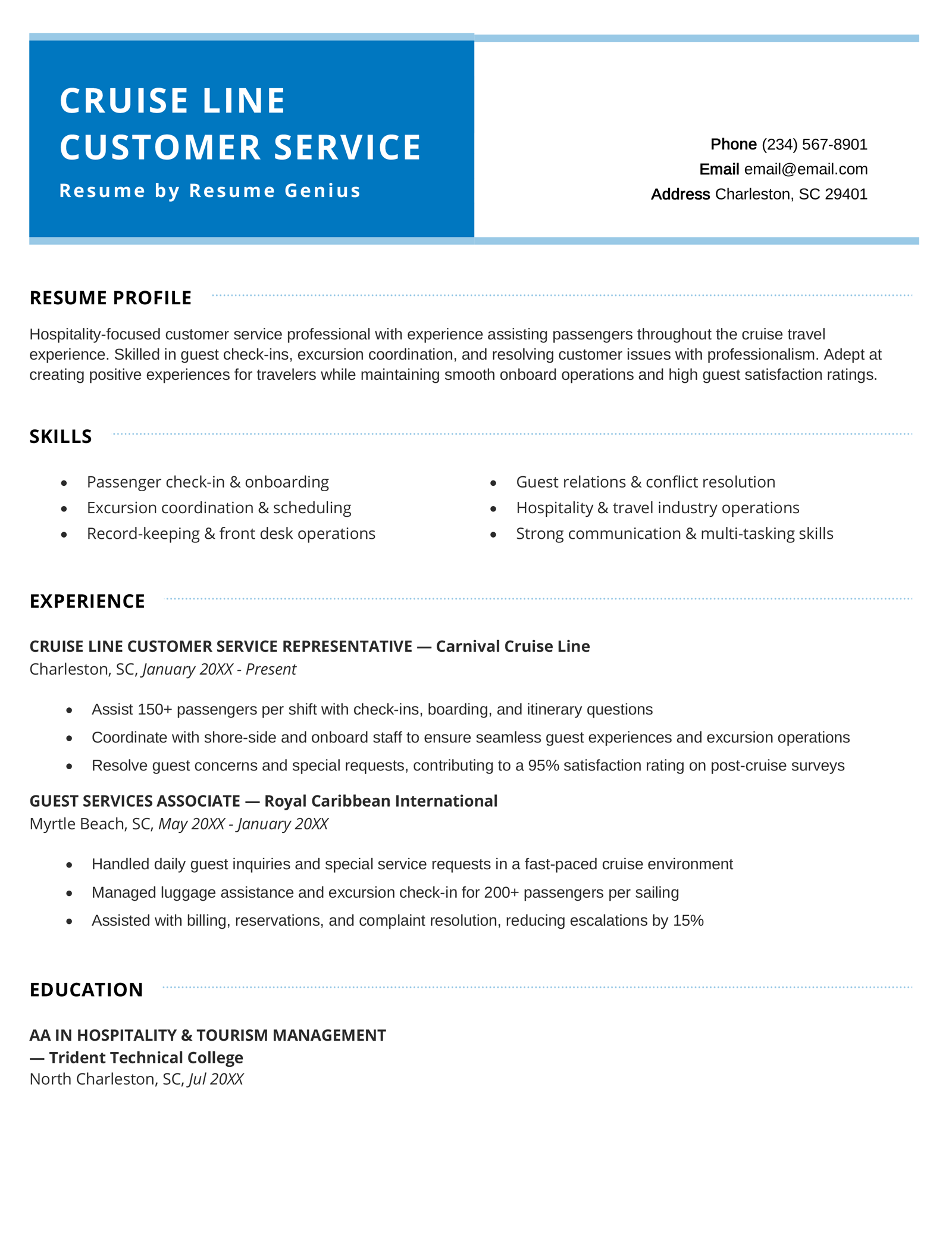 A cruise line customer service resume example.