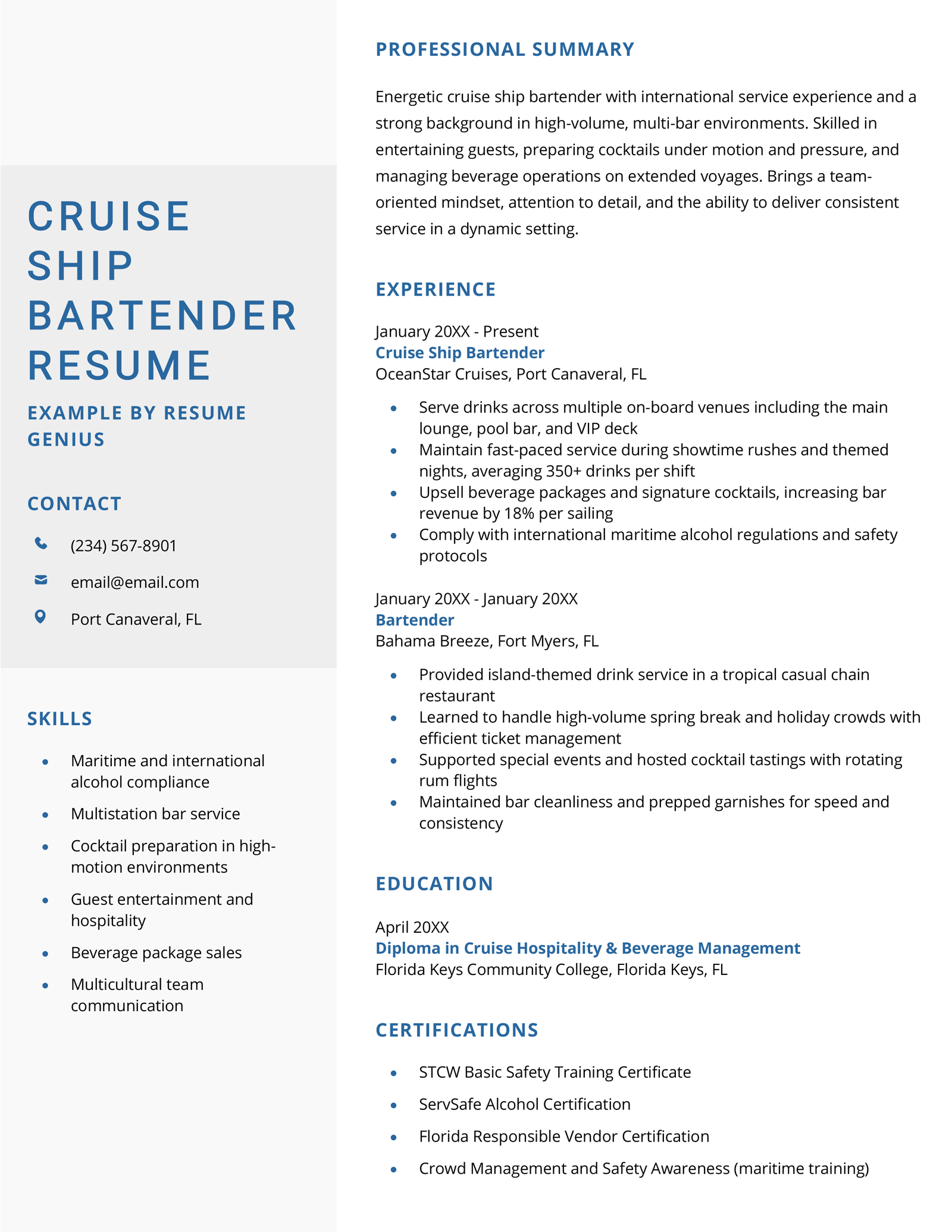 A cruise ship bartender resume example.