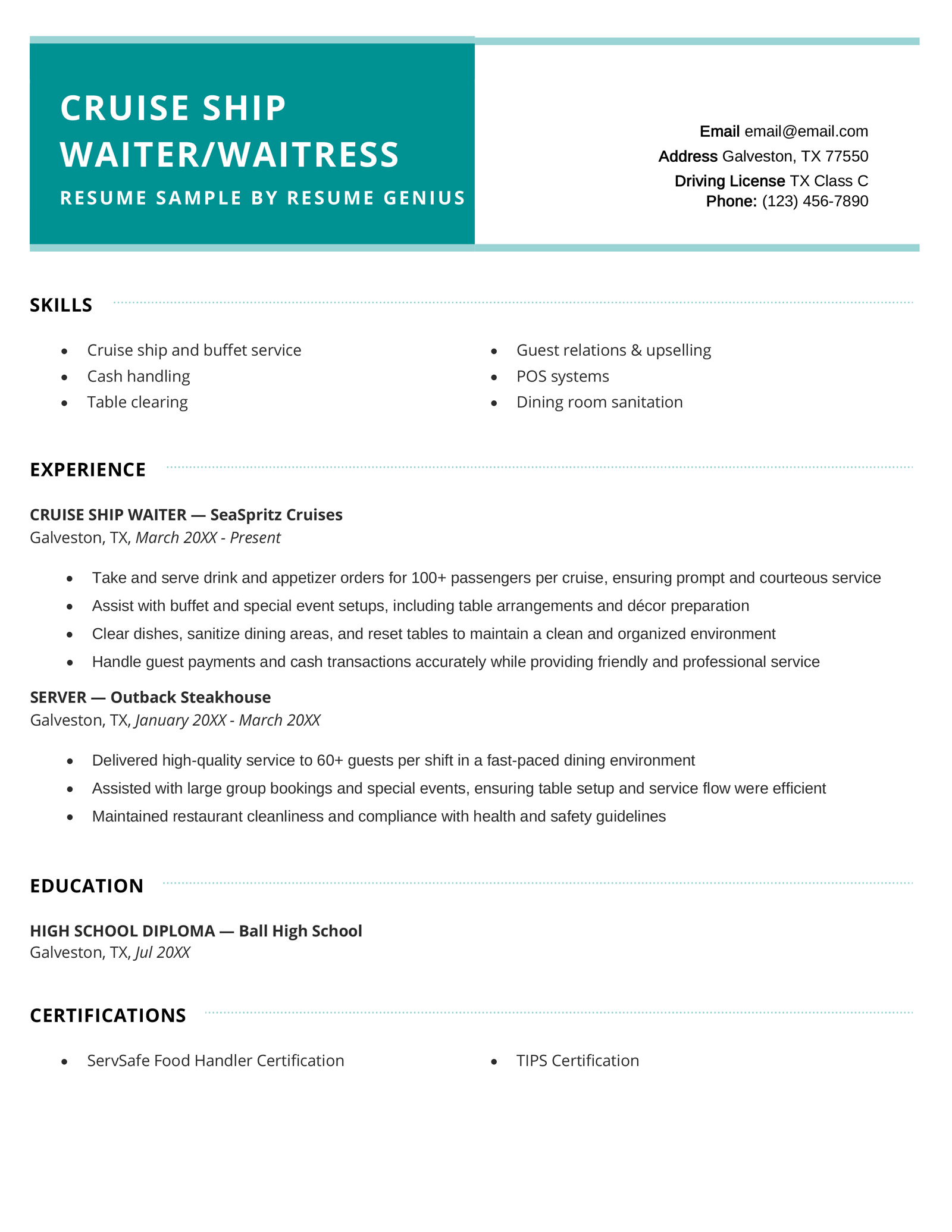 A cruise ship waiter/waitress resume example.