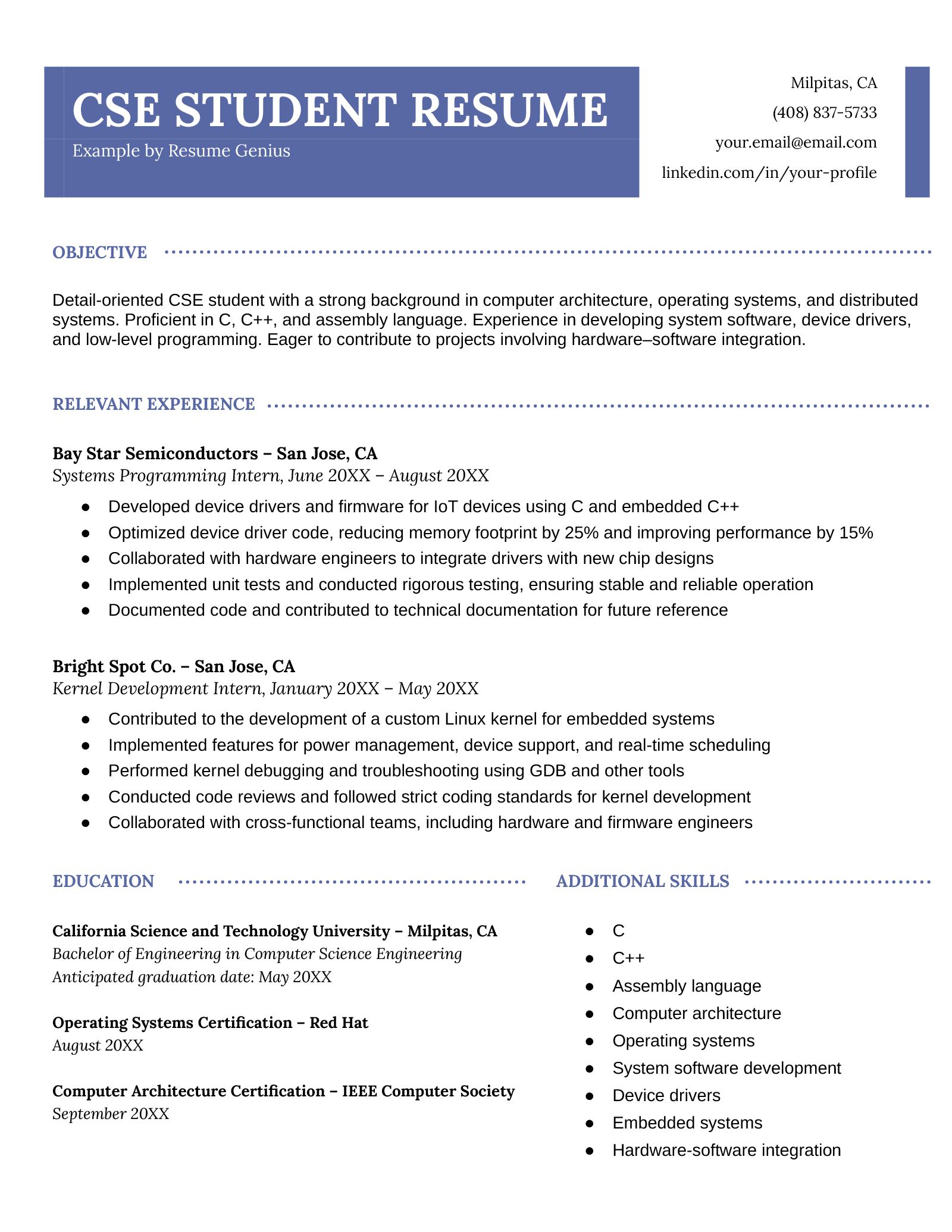 An example resume for a CSE student. 