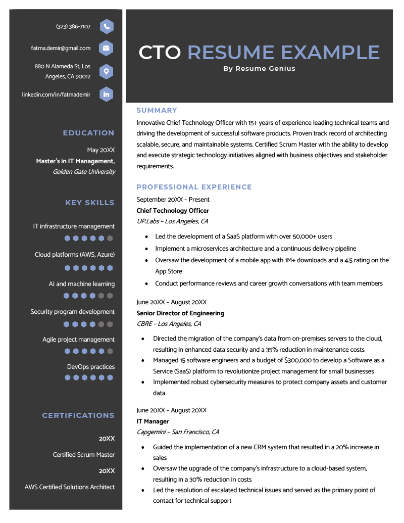 A CTO resume sample with a black header and a black border on the left containing the candidate's contact information, education, skills, and certifications.