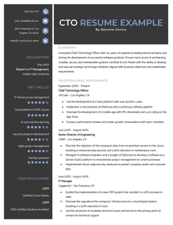 A CTO resume sample with a black header and a black border on the left containing the candidate's contact information, education, skills, and certifications.