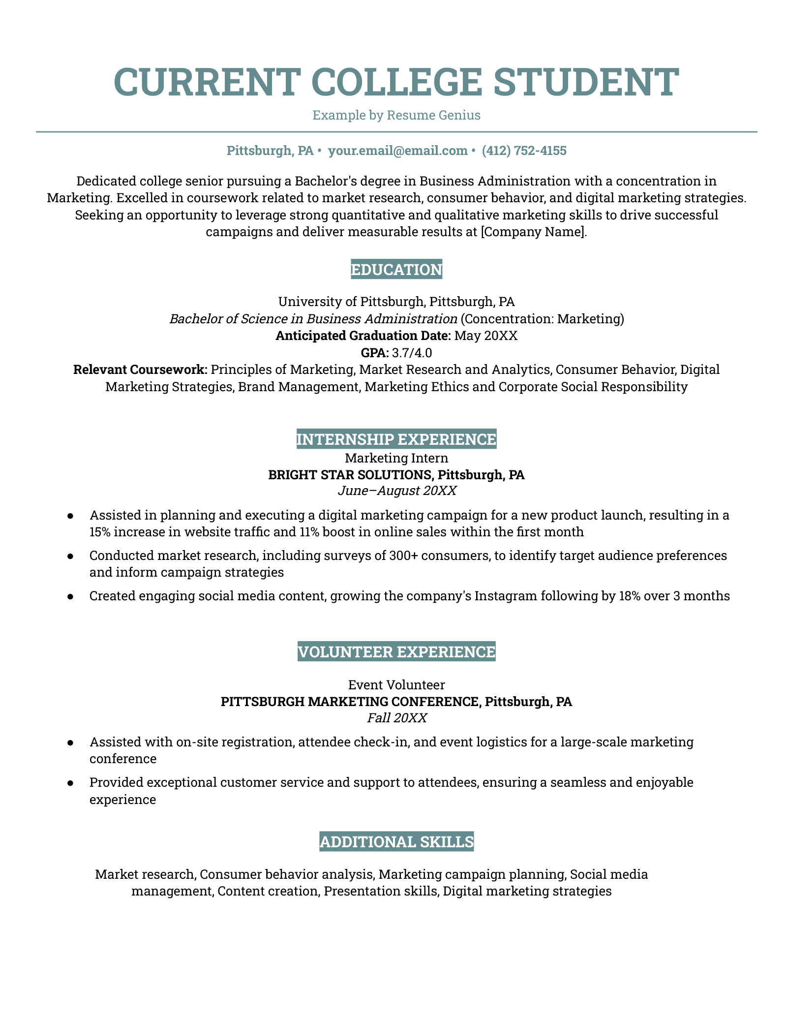 An example resume for a current college student. 