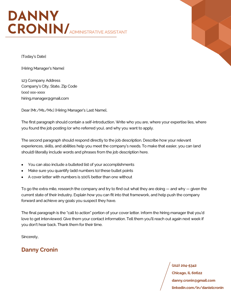 An example of the current cover letter template for word