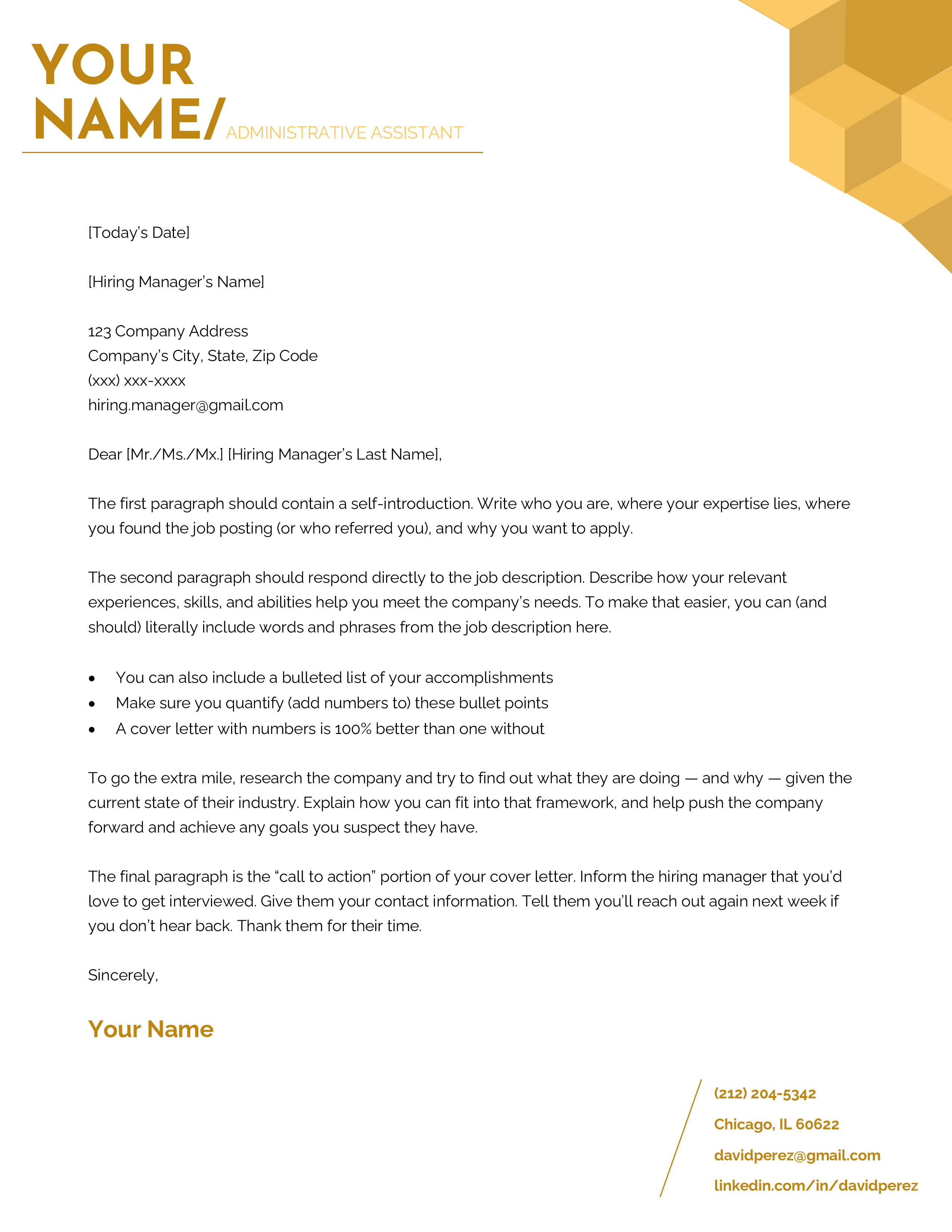 The Current cover letter template, a custom-made cover letter design compatible with Google Docs.