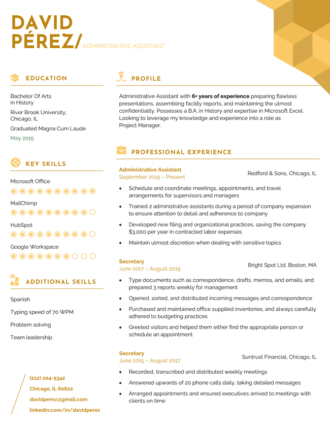 The "Current" professional resume template in yellow, featuring a sidebar for skills and education, and a header with artistic cubes